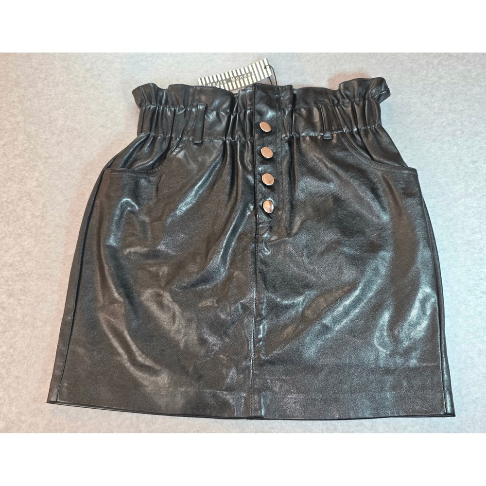 Haute Monde Black Faux Leather Mini Skirt Paperbag Waist Button Front S